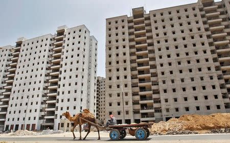 A man drives a cart mounted on a camel past an under construction residential complex on the outskirts of Ahmedabad, June 1, 2016. REUTERS/Amit Dave/Files