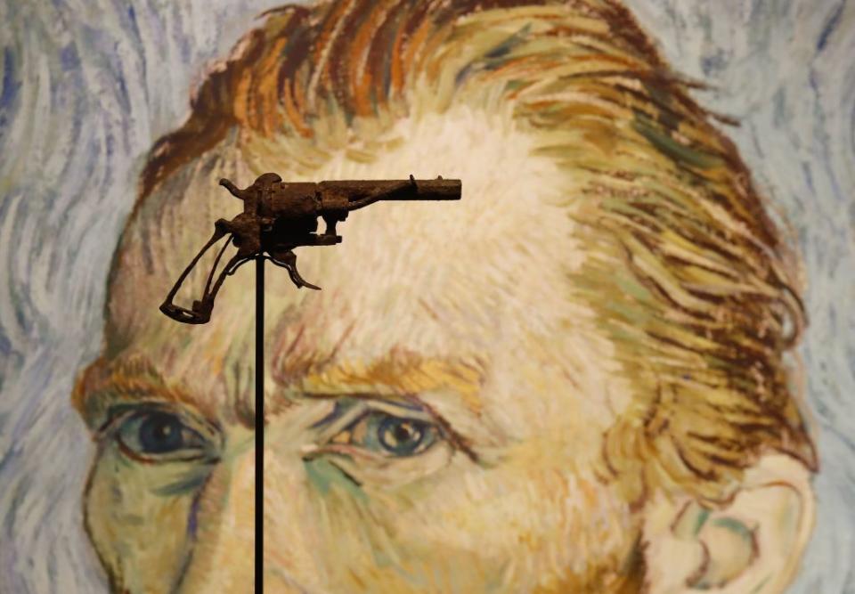 TOPSHOT - A revolver believed to be the gun Dutch 19th century painter Vincent Van Gogh would have used to kill himself on 27 July 1890 is on public display at Paris' Drouot auction house on June 19, 2019 before it goes under the hammer later today. Source: Getty