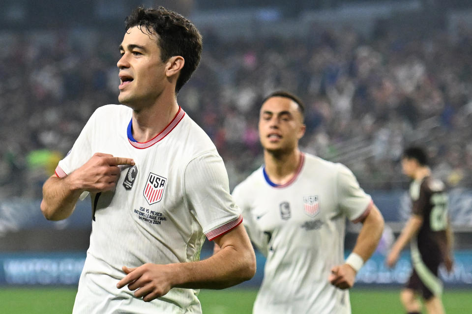 ARLINGTON, TEXAS - MARCH 24: Gio Reyna #7 of the United States celebrates scoring during the second half against Mexico in the Concacaf Nations League Final at AT&T Stadium on March 24, 2024 in Arlington, Texas. (Photo by Stephen Nadler/ISI Photos/USSF/Getty Images for USSF)