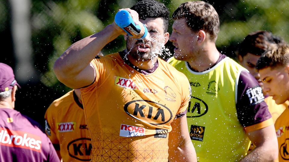 Brisbane Broncos players, pictured here on the training paddock.