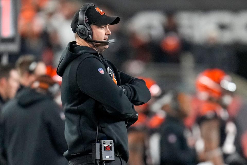 Cincinnati Bengals head coach Zac Taylor calls out from the sideline in the first quarter during an NFL wild-card playoff football game between the Baltimore Ravens and the Cincinnati Bengals, Sunday, Jan. 15, 2023, at Paycor Stadium in Cincinnati.The Ravens led 10-9 at halftime.