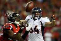 ATLANTA, GA - SEPTEMBER 17: Strong safety William Moore #25 of the Atlanta Falcons intercepts a pass intended for tight end Jacob Tamme #84 of the Denver Broncos during a game at the Georgia Dome on September 17, 2012 in Atlanta, Georgia. (Photo by Kevin C. Cox/Getty Images)