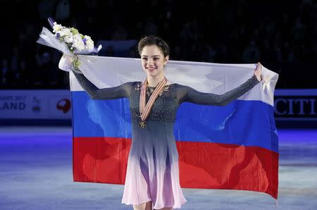 Figure Skating - ISU World Championships 2017 - Ladies Victory Ceremony - Helsinki, Finland - 31/3/17 - Gold medallist Evgenia Medvedeva of Russia attends the ceremony. REUTERS/Grigory Dukor