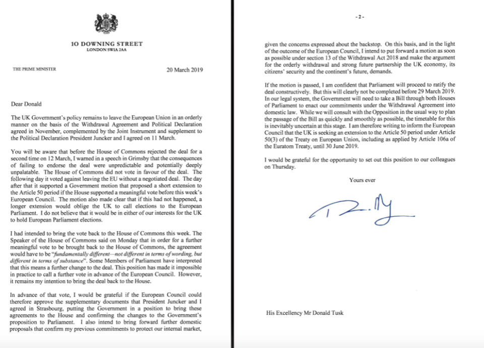 <em>The letter Mrs May sent asking for a short delay to Brexit</em>