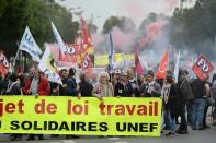 Demonstrators gather on May 26, 2016 in Nantes, during a protest against government planned labour law reforms