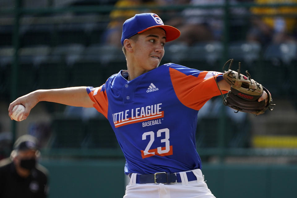 Taylor, Mich.'s Cameron Thorning delivers during the second inning of a baseball game against Honolulu, Hawaii, at the Little League World Series in South Williamsport, Pa., Saturday, Aug. 28, 2021. (AP Photo/Gene J. Puskar)