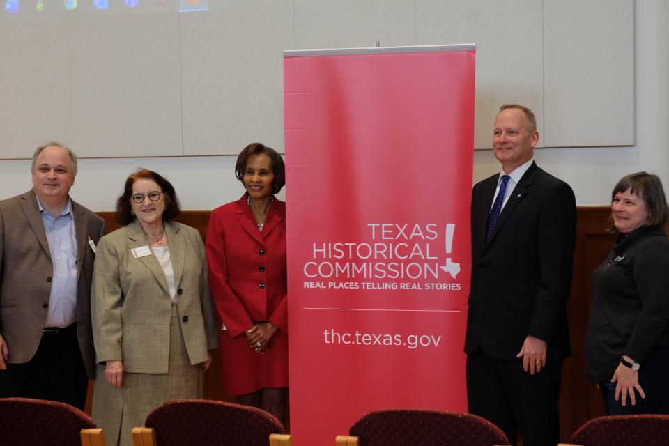 Nick Kalogersis. Beth Duke, Freda Powell, Four Price and Amy Hammons join for photo while participating in the Texas Historical Commission preservation event at the Sante Fe Building Thursday.