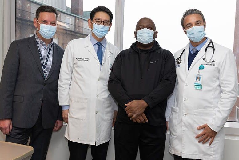 Rick Slayman with Dr.Nahel Elias, Dr. Tatsuo Kawai and Dr. Leo Riella. Slayman is the first human to get a geen-edited pig kidney transplant. He was discharged from Massachusetts General Hospital on Wednesday. Photo courtesy of Massachusetts General Hospital