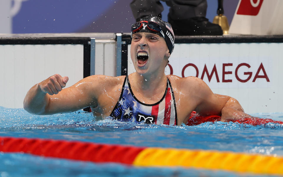 <p>TOKYO, JAPAN - JULY 28: Katie Ledecky of United States celebrates after winning the Women's 1500m Freestyle final on day five of the Tokyo 2020 Olympic Games at Tokyo Aquatics Centre on July 28, 2021 in Tokyo, Japan. (Photo by Ian MacNicol/Getty Images)</p> 