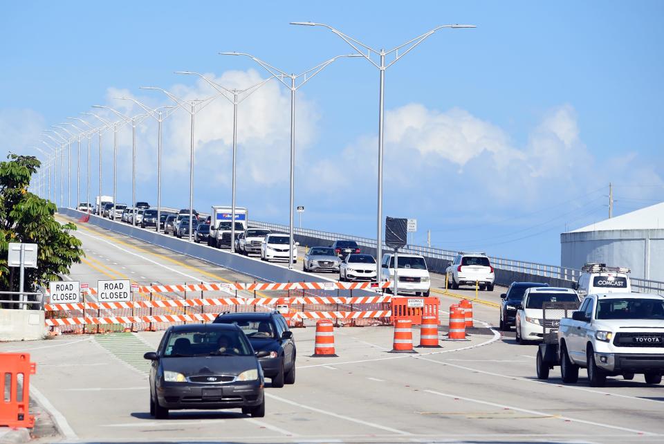 Barricades are out and lanes are closed Tuesday, April 6, 2021, on the west side of the Alma Lee Loy Bridge in Vero Beach as traffic is diverted due to work on the structural integrity of the bridge. Closed lanes and barricades could be the norm on crowded roads throughout Indian River County if officials do not get ahead of growth on infrastructure projects.