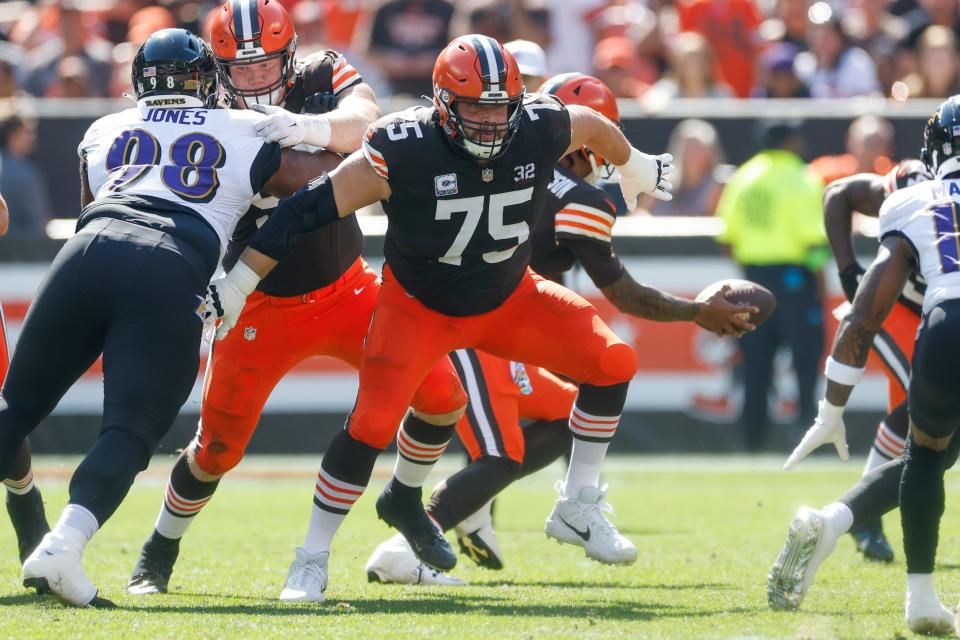 Cleveland Browns guard Joel Bitonio plays against the Baltimore Ravens on Oct. 1, 2022, in Cleveland.