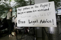 <p>A sign for attorneys and volunteers offering free legal help is placed by a protesting group at the international terminal at San Francisco International Airport in San Francisco, June 29, 2017. A scaled-back version of President Donald Trump’s travel ban takes effect Thursday evening, stripped of provisions that brought protests and chaos at airports worldwide in January yet still likely to generate a new round of court fights. (AP Photo/Jeff Chiu) </p>