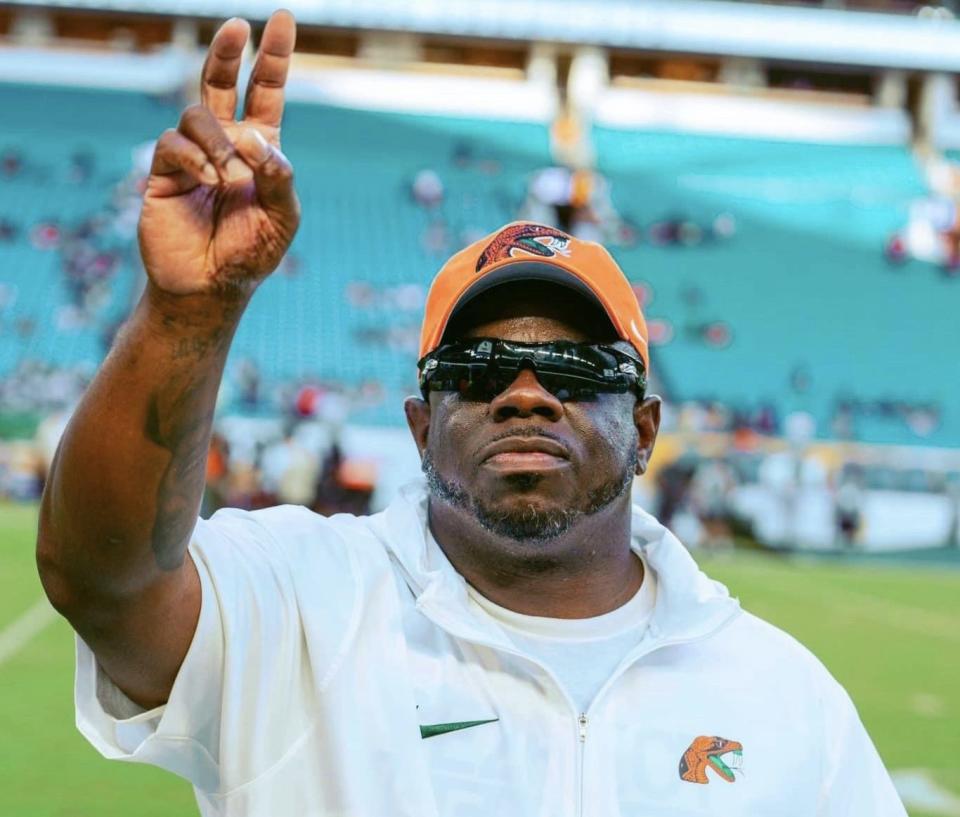 Florida A&M director of recruiting Devin Rispress throws up the 'STRIKE' at the Rattlers' game versus the Jackson State Tigers in the Orange Blossom Classic at Hard Rock Stadium in Miami Gardens, Florida, Sunday, September 3, 2023.