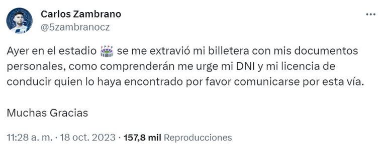 Carlos Zambrano y un pedido especial tras perder su billetera