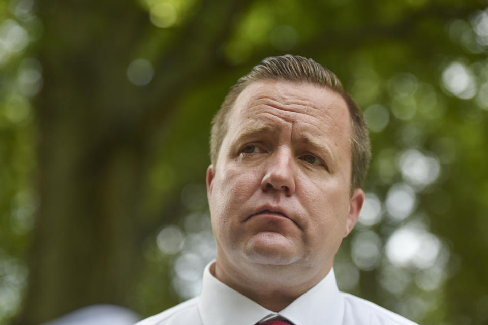 GOP candidate Corey Stewart talks with the media after his announcement to challenge Sen. Tim Kaine, D-Va. in 2018. (Photo: Jahi Chikwendiu/Washington Post via Getty Images)