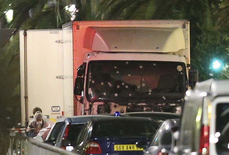 A terrorist drove this truck onto a crowded sidewalk late Thursday in Nice, France, killing at least 84 people and injuring hundreds more. (Photo: Luca Bruno/AP)