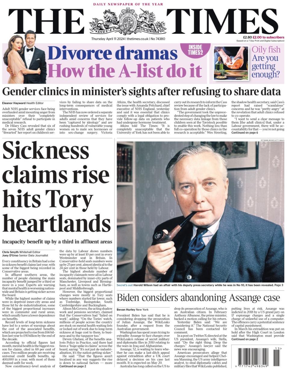 The headline in the Times reads: Sickness claims rise hits Tory heartlands