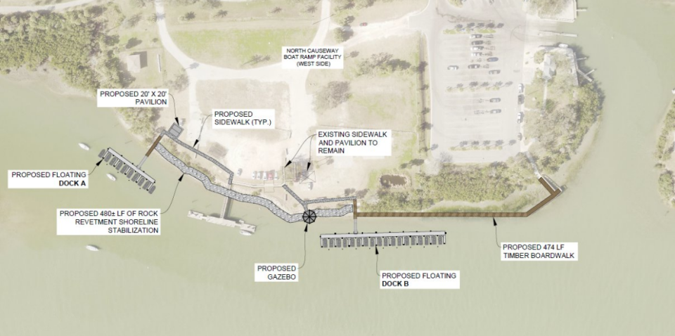 Rendering of proposed phase II design of the North Causeway boat ramp dock upgrade project, which includes two floating docks with boat slips, approximately 480 linear feet of rock revetment for shoreline stabilization, an additional 400-square-foot pavilion.