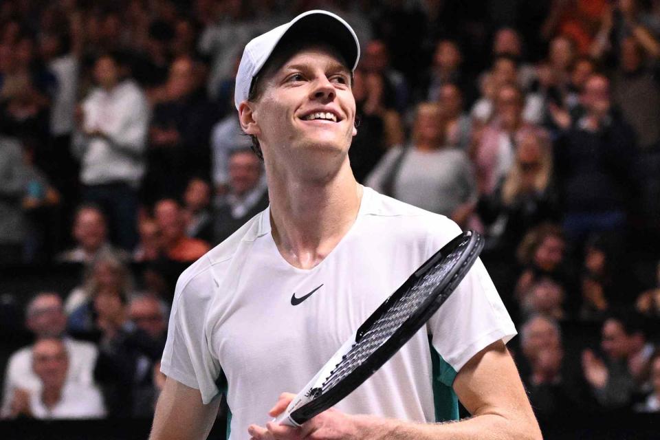 <p>Thomas Kronsteiner/Getty</p> Jannik Sinner celebrates after winning his final match against Daniil Medvedev of Russia during day nine of the Erste Bank Open 2023 on October 29, 2023 in Vienna, Austria. 