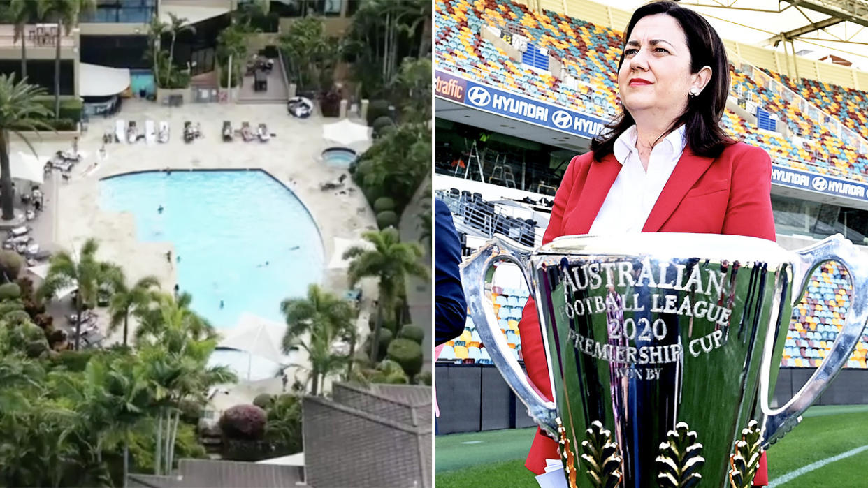 Queensland Premier Annastacia Palaszczuk (pictured right) taking a photo in front of the AFL trophy and an image of a pool.