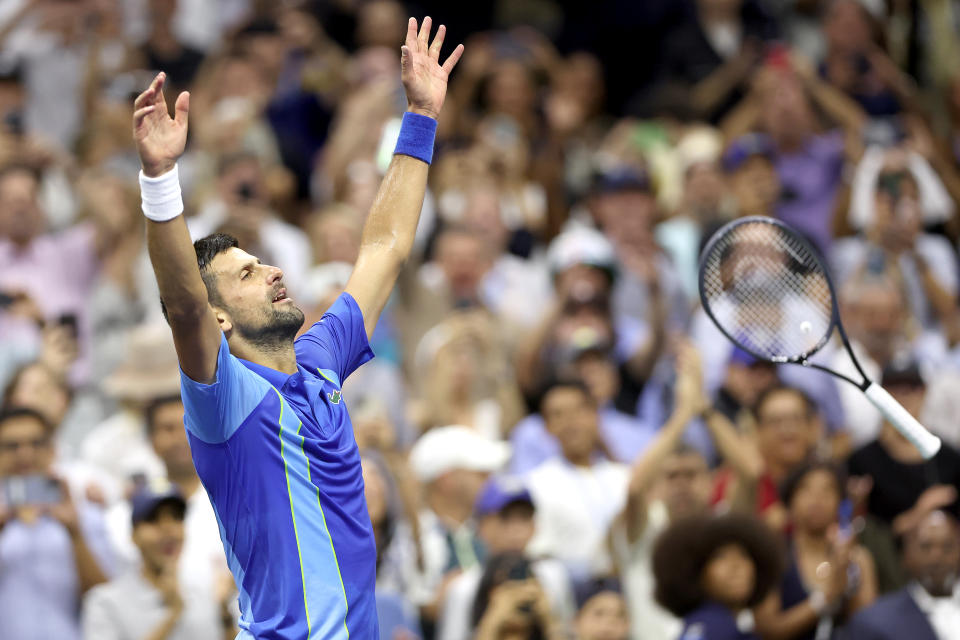 Novak Djokovic celebrates his 24th Grand Slam title. (Matthew Stockman/Getty Images)