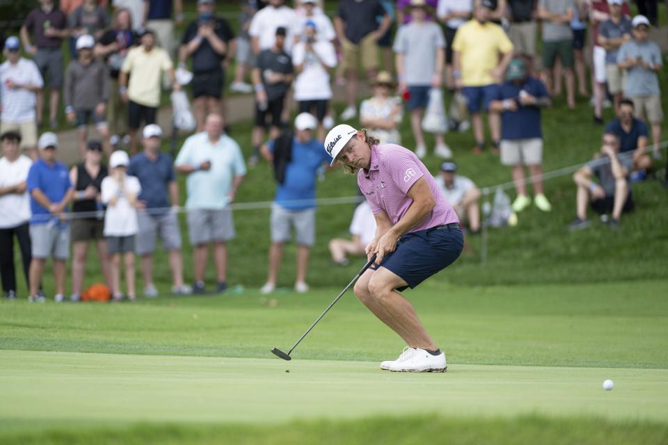 Captain Cameron Smith, of Ripper GC, reacts after his putt on the eighth green during the final round of LIV Golf Tulsa at Cedar Ridge Country Club, Sunday, May 14, 2023, in Broken Arrow, Okla. (Charles Laberge/LIV Golf via AP)