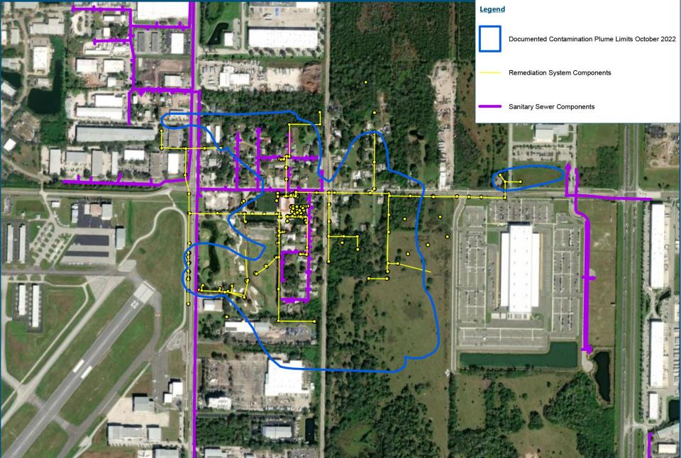 A map depicting the location of a contamination plume from operations at former American Beryllium Company that encapsulates the Tallevast community. The map also shows the location of existing sewer lines, and residential areas that still do not have access to sewer.