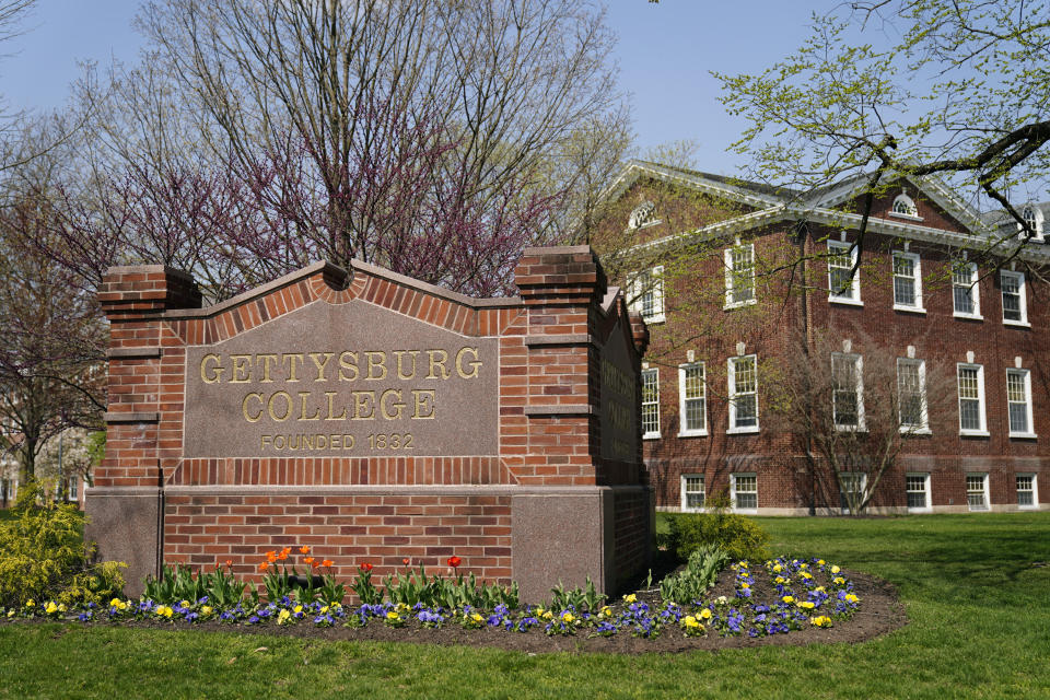 This Wednesday, April 7, 2021 photo shows the Gettysburg College campus in Gettysburg, Pa. A well-regarded school of about 2,400 students, Gettysburg is far from alone in reporting a troubling number of campus sex assaults under the 1990 Clery Act. (AP Photo/Matt Rourke)