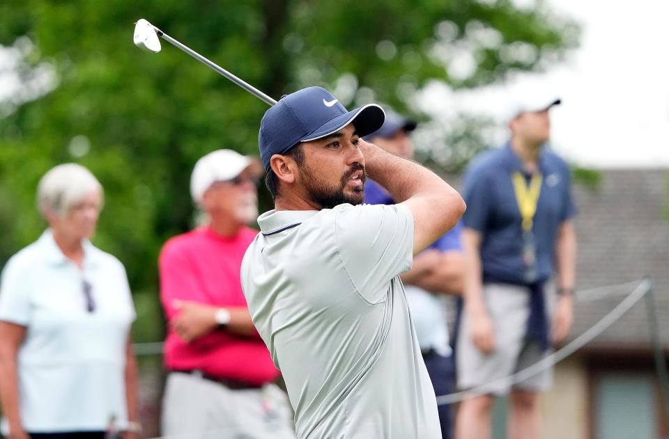 Jun 2, 2022; Dublin, Ohio, USA; Collin Jason Day watches his tee shot on the 12th hole during Round 1 of the Memorial Tournament at Muirfield Village Golf Club in Dublin, Ohio on June 2, 2022. 