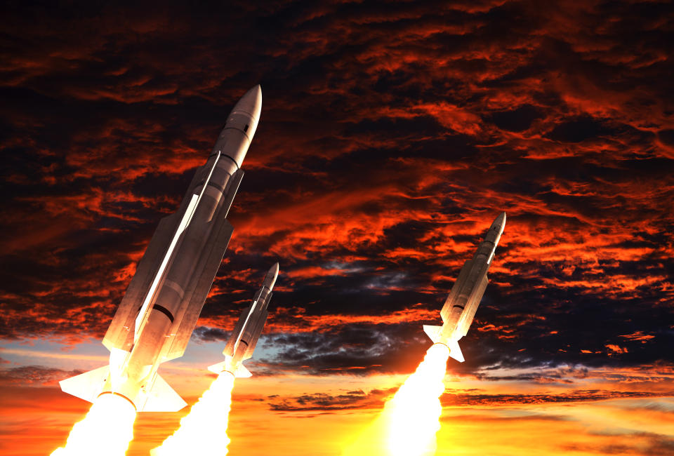 Three Rockets Takes Off On The Background Of Apocalyptic Sky. 3D Illustration.