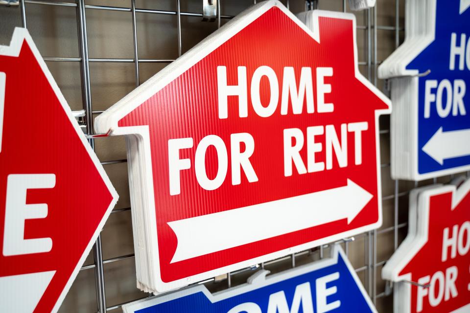 "For rent" signs for sale in The Realtor Store at the Oklahoma City Metro Association of Realtors. Rental listing scams are on the rise again, the Realtors say.