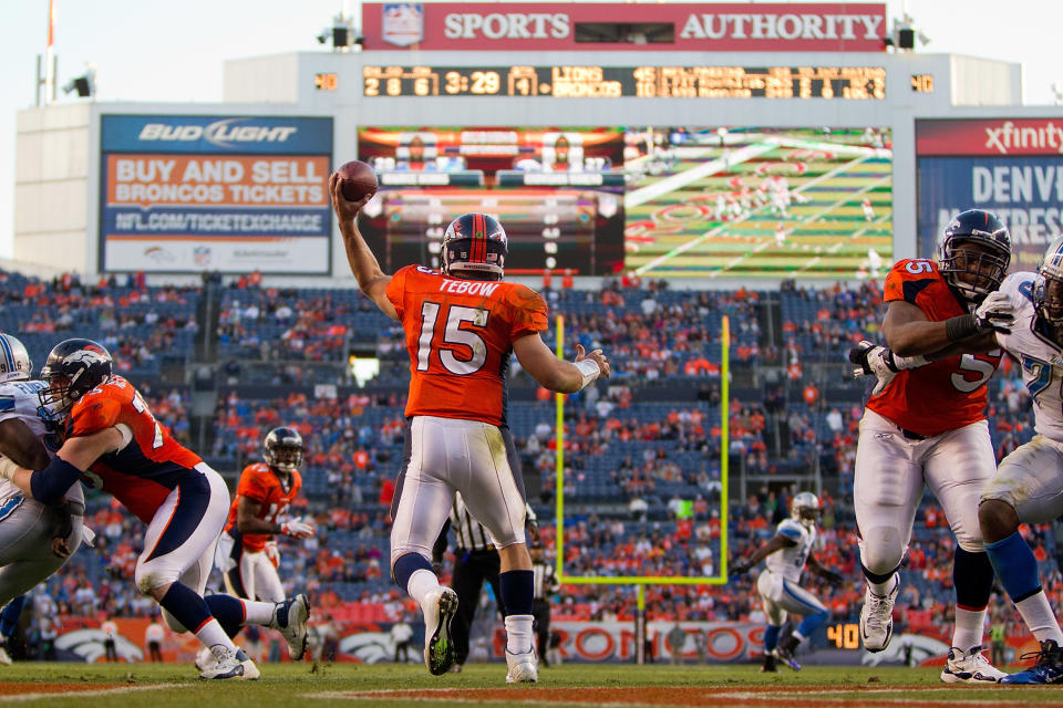 Tim Tebow was much criticized for his decision making, pocket presence and throwing motion in the loss to Detroit. Only some garbage-time production allowed him to finish 18-of-39 for 172 yards. (Photo by Justin Edmonds/Getty Images)