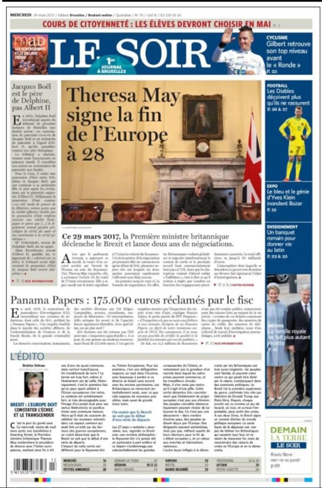 <p>Belgium’s Le Soir’s gloomy headline read: ‘Theresa May signs the end of Europe on the 28th’ </p>