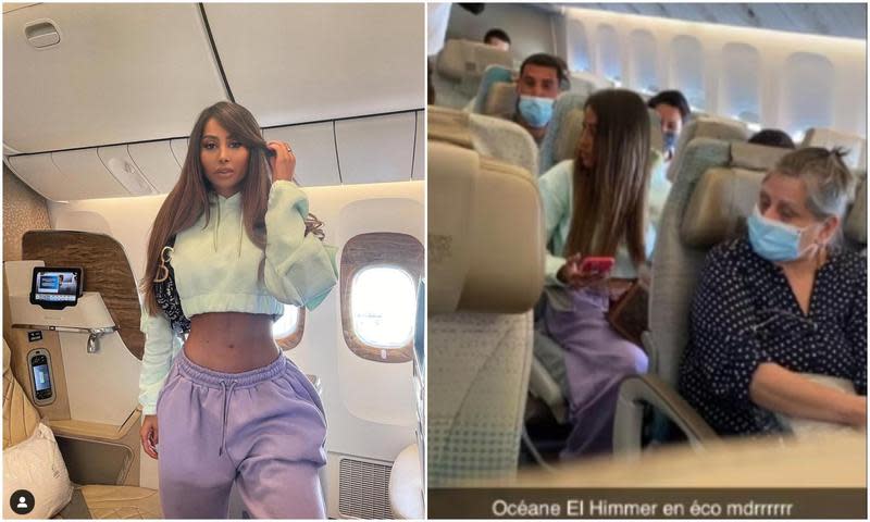 杜拜網紅海默日前分享待在頭等艙的照片（左圖），卻遭同機乘客抓包她其實是坐經濟艙（右圖）。（翻攝oceanelhimer IG、推特照片）