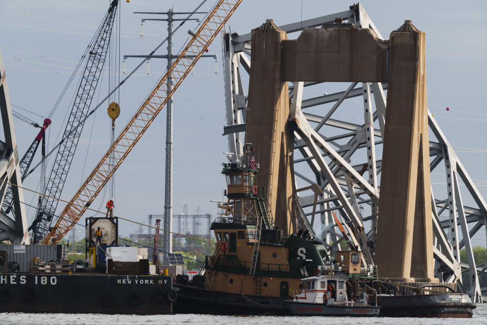 Salvage work continues on the collapsed Francis Scott Key Bridge, Thursday, April 25, 2024, in Baltimore. (AP Photo/Matt Rourke)