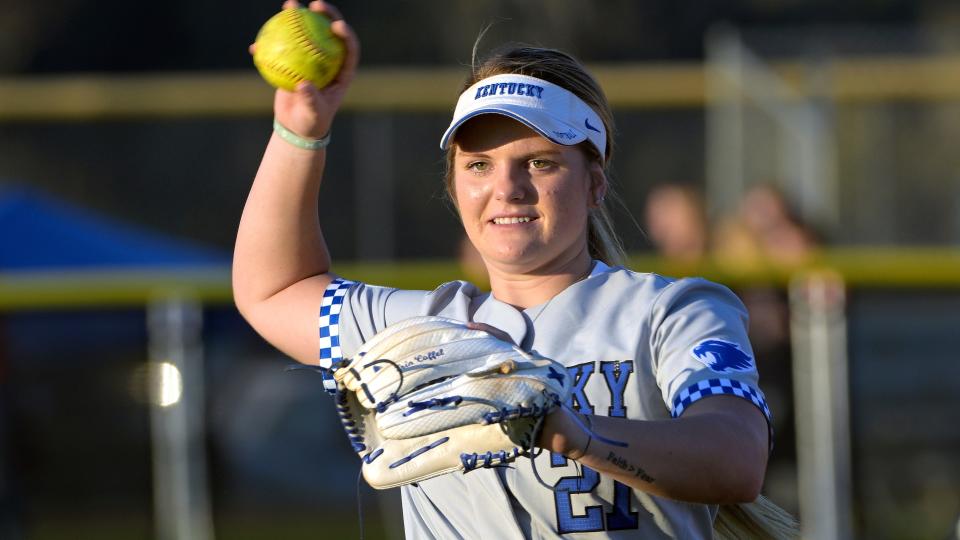 Kentucky infielder Erin Coffel (21) during an NCAA softball game against Wisconsin on Thursday, Feb. 10, 2022, in Leesburg, Fla. (AP Photo/Phelan M. Ebenhack)