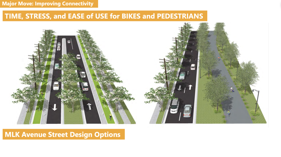 As part of the Downtown West Action Plan, GAI Consultants have recommended considering redesigning Martin L King Jr. Ave. that subdivides the North Lake Wire neighborhood. This image shows two possible options.