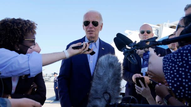 PHOTO: President Joe Biden speaks to the media before boarding Air Force One for a trip to Kentucky to view flood damage, Aug. 8, 2022, in Dover Air Force Base, Del.  (Evan Vucci/AP)