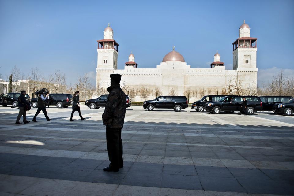 U.S. Secretary of State John Kerry's motorcade is parked near al-Hussein mosque while Kerry meets with Jordan's King Abdullah II at Al-Hummar Palace in Amman, Jordan, Sunday, Jan. 5, 2014. America's top diplomat is trying to nudge Israel and the Palestinians closer to signing an accord, setting up a Palestinian state alongside Israel. Kerry said Saturday that progress is being made, yet key hurdles are yet to be overcome. Kerry's talks on Sunday with Jordan's King Abdullah II and Saudi Arabia's King Abdullah are likely to also touch on the war in Syria, rising violence in Iraq, and Iran's nuclear program. (AP Photo/Brendan Smialowski, Pool)