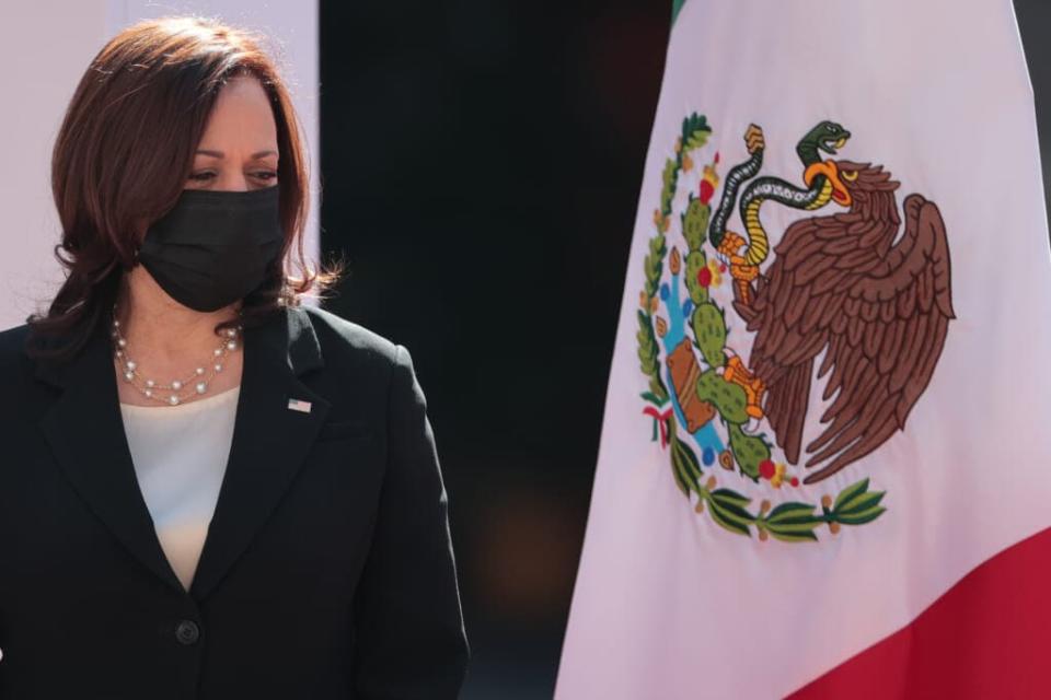 U.S. Vice President Kamala Harris looks on during the signing of a memorandum of understanding focused on immigration issues in America at Palacio Nacional Tuesday in Mexico City, Mexico. (Photo by Hector Vivas/Getty Images)