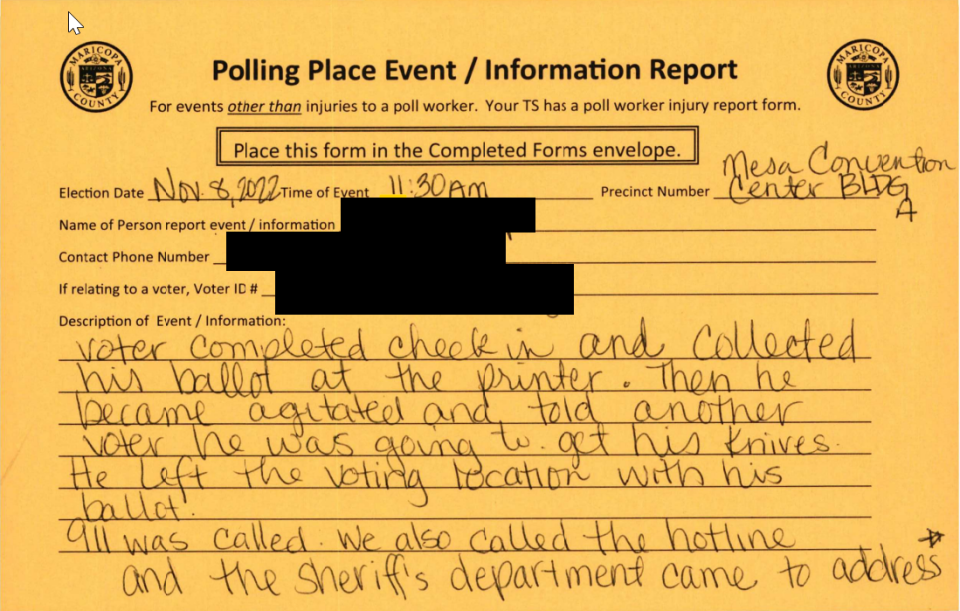 Goldenrod forms submitted about issues at Maricopa County polling locations.