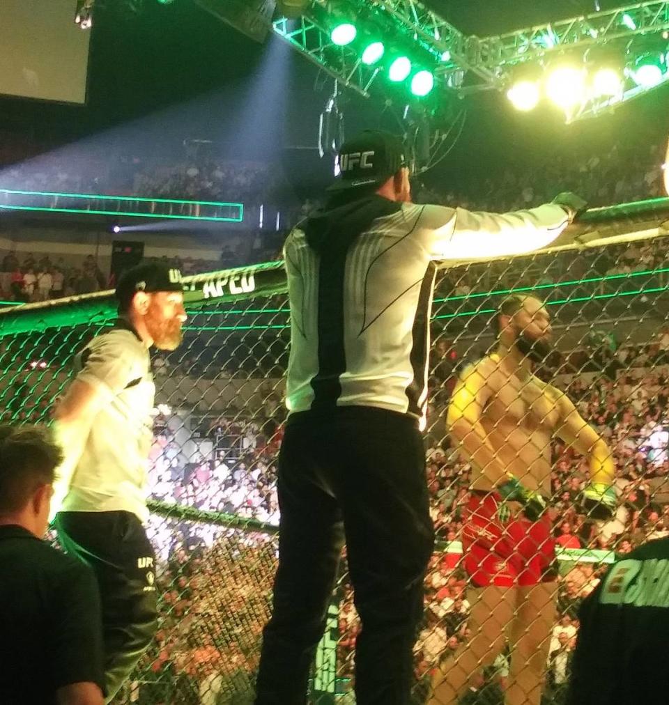 Miami’s Jorge Masvidal in his final MMA fight at UFC 287 on Saturday at the Kaseya Center in Miami. In his corner included American Top Team coach Mike Brown. 