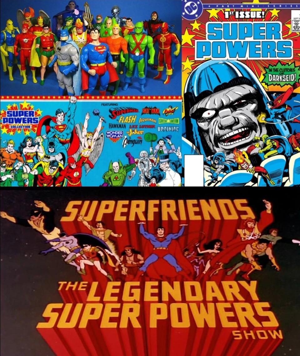 DC Super Powers toyline promo art, the cover of Super Powers #1 by Jack Kirby, and the title logo for Super Friends, the Legendary Super Powers Show.