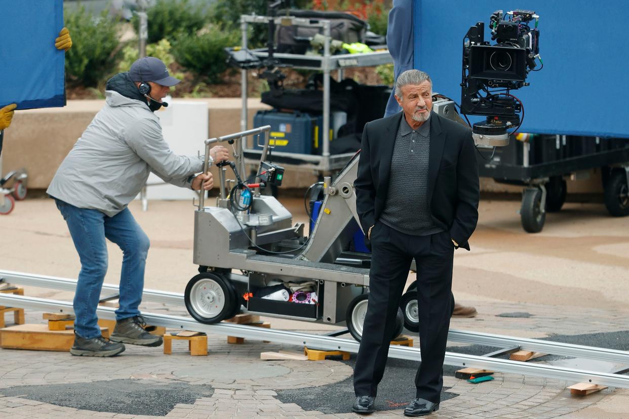 Sylvester Stallone films the Paramount + series "Tulsa King" on March 30, 2022, at the Center of the Universe in downtown Tulsa.