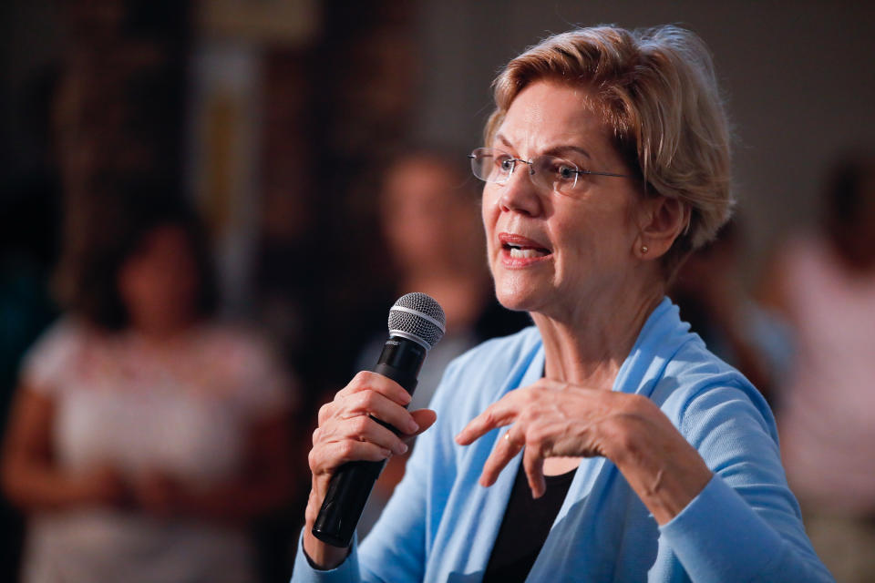 ORANGE CITY, IOWA, UNITED STATES - 2019/07/19: Elizabeth Warren speaks at her campaigns for the Democratic nomination for the 2020 United States presidential election during a Community Conversation at Prairie Winds Event Center in Orange City. (Photo by Jeremy Hogan/SOPA Images/LightRocket via Getty Images)