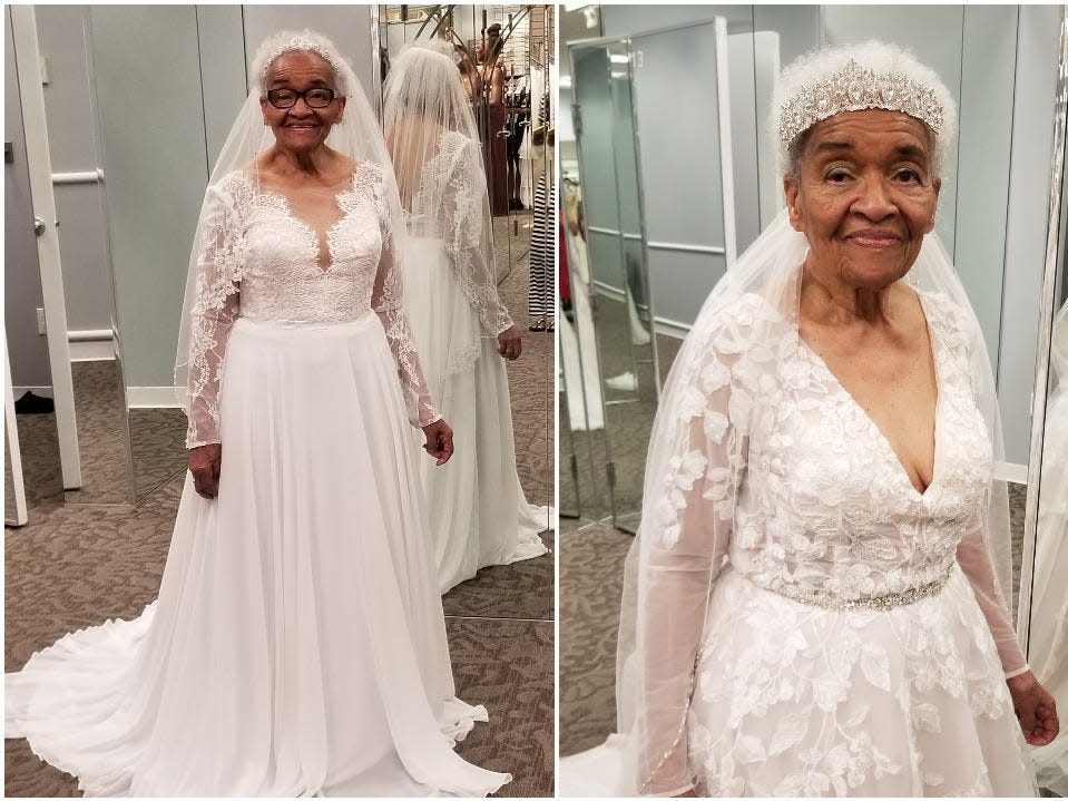 According to her granddaughter, this was Martha Mae Ophelia Moon Tucker's first time trying on a wedding dress at a bridal store.