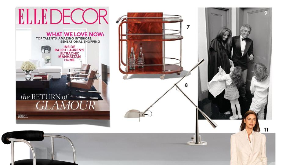 collage of apartment and elle decor cover and bar cart and lamp and runway model and black and white portrait of ralph and ricky lauren and their kids when they were little