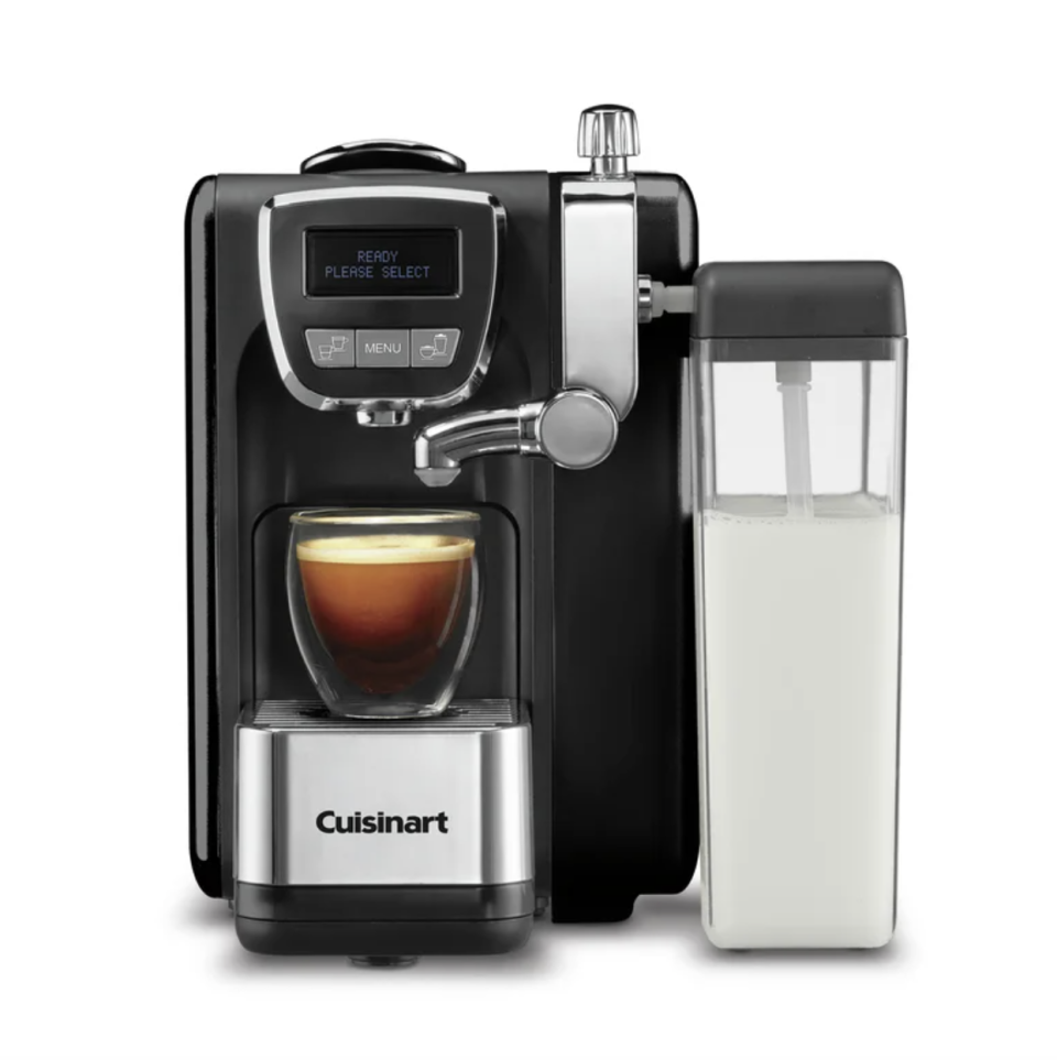 Cuisinart Semi-Automatic Espresso Machine with milk and coffee (Photo via Wayfair)