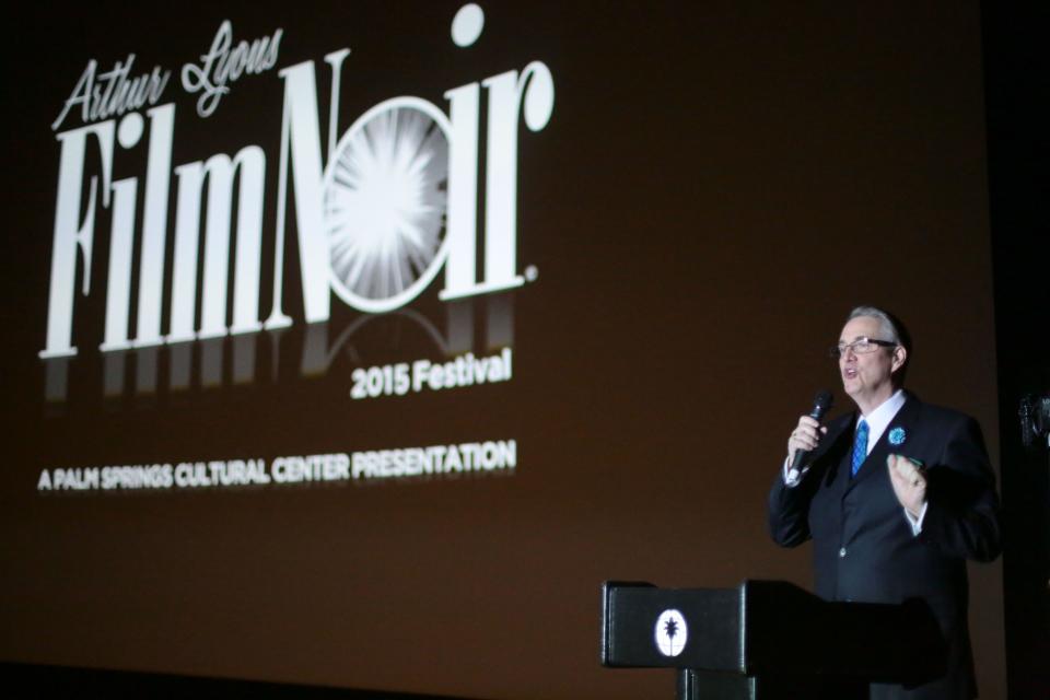 Alan Rode the host and producer of the Arthur Lyons Film Noir Festival speaks during the festival's opening night on Thursday at the Camelot Theatres in Palm Springs.