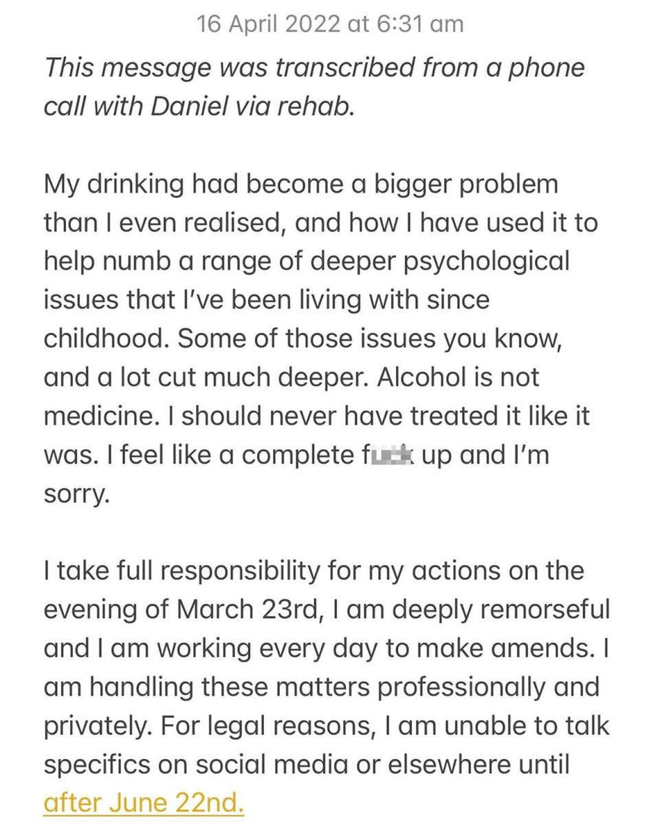 Daniel Johns' statement on Instagram